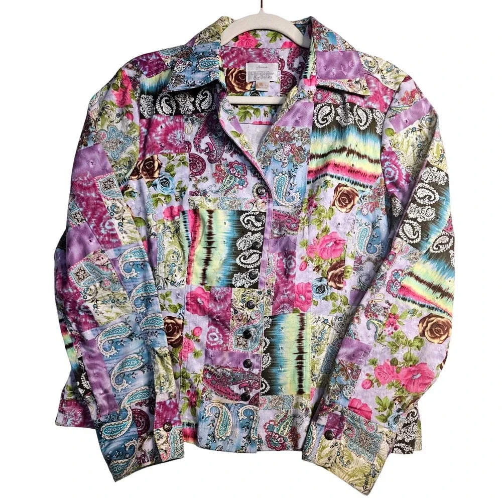 Y2K Artsy Purple Tie Dye Patchwork Print Rose Paisley‎ Jacket Sz Lg Indie #574